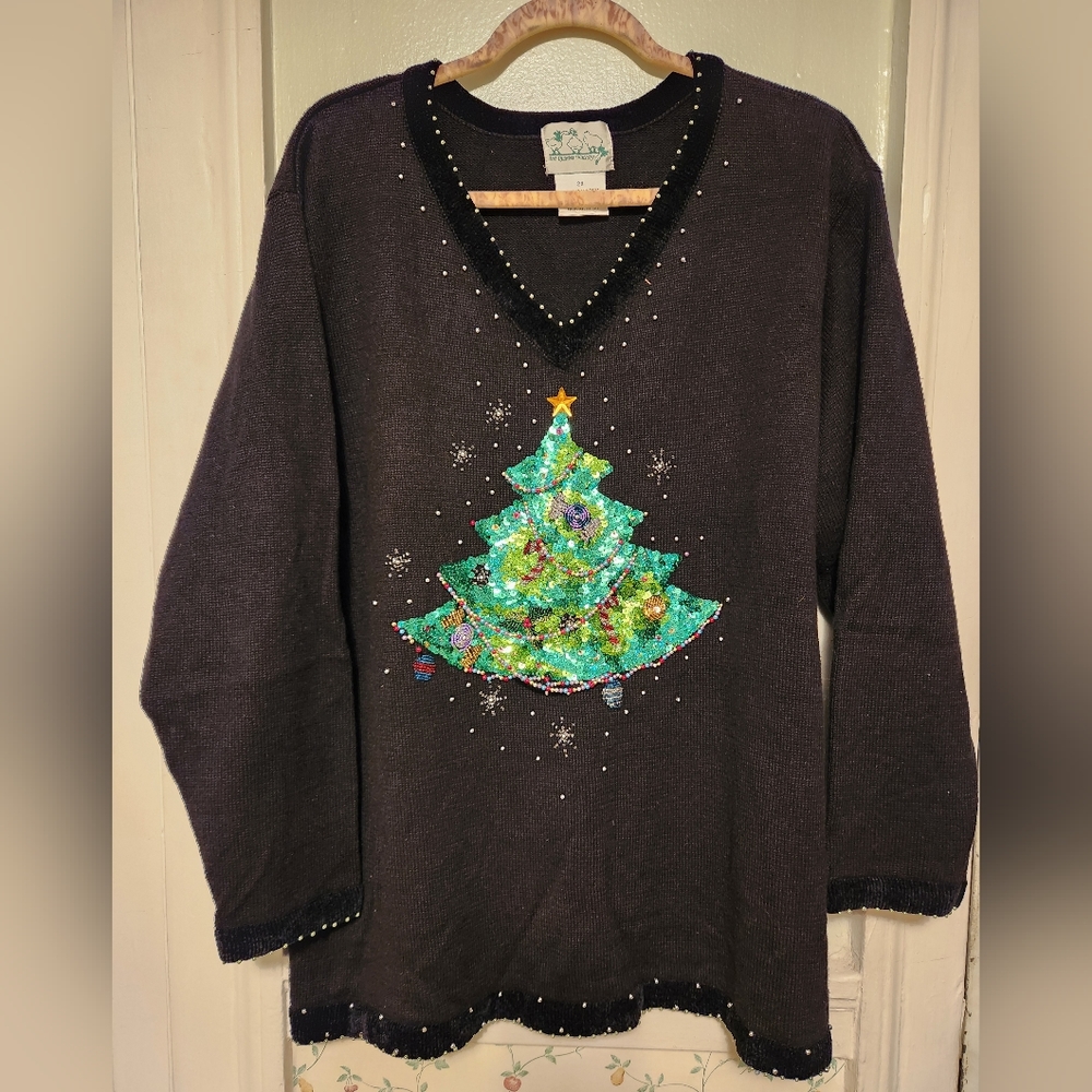 Quacker Factory Christmas Tree Holiday V-neck Black Sequin Beaded Sweater 2X